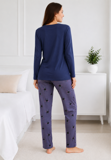Pijama de damă cu bluză cu maneca lunga și pantaloni - Bleumarin ,Engros